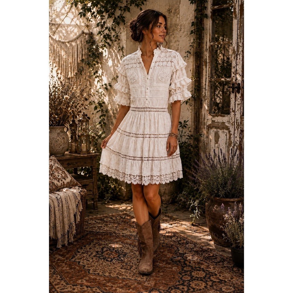 Embroidered Cream Lace Mini Dress Puff Sleeve Cottagecore Romantic Ivory Small